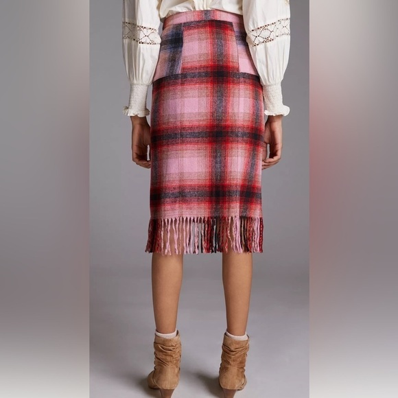 - NWT Anthropologie Maeve Red Pink Blue Plaid Fringed Skirt - Picture 4 of 13